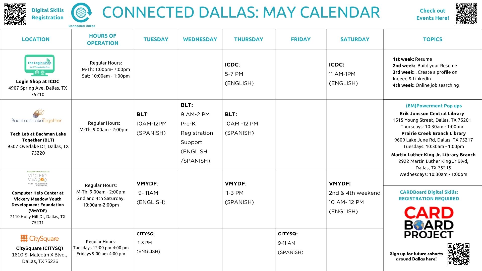 Connected Dallas May Class Calendar!